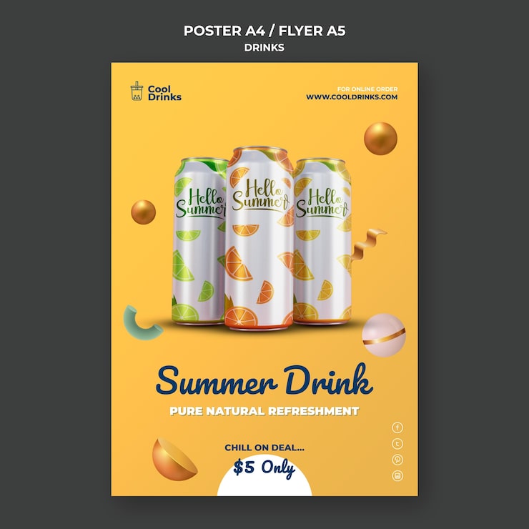 PSD Gratis poster kaleng minuman musim panas yang menyegarkan