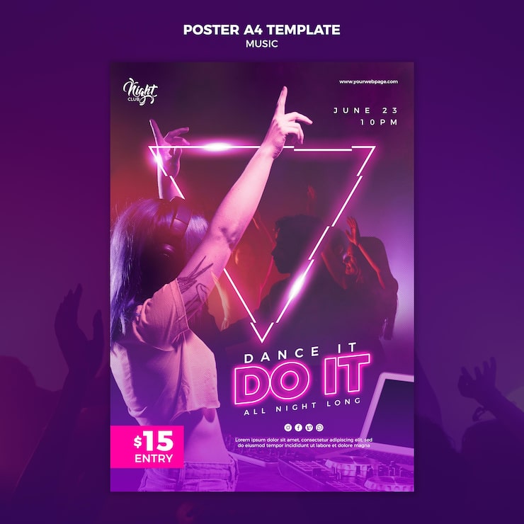 PSD gratuito poster verticale al neon per musica elettronica con dj femminile