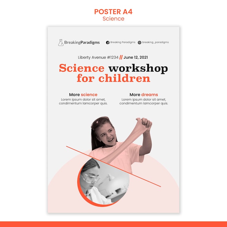 PSD gratuito poster verticale per la conferenza dei nuovi scienziati