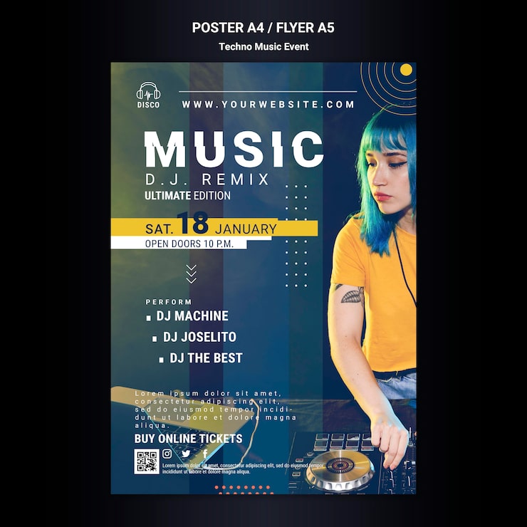 PSD gratuito poster verticale per la festa notturna di musica techno