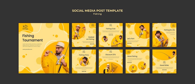 PSD Gratis postingan media sosial pria berjaket memancing kuning