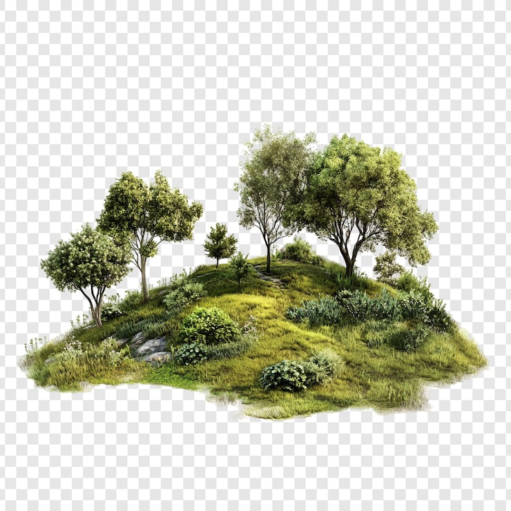 PSD Gratis pulau puncak bukit hijau subur dengan pepohonan dan rumput