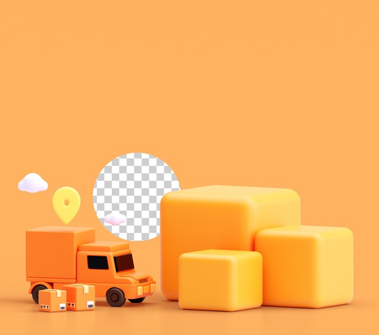 PSD Gratis render 3d truk pengiriman oranye dan kotak dengan pin peta dan awan pada latar belakang transparan