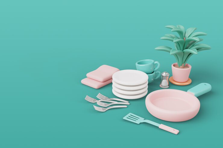 PSD Gratis rendering 3d peralatan dapur still life