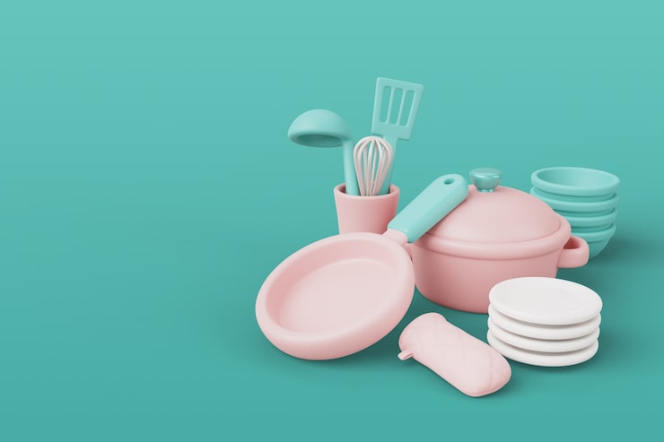PSD Gratis rendering 3d peralatan dapur still life