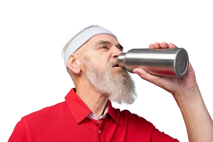 PSD gratuito retrato, de, hombre mayor, con, metálico, botella de agua