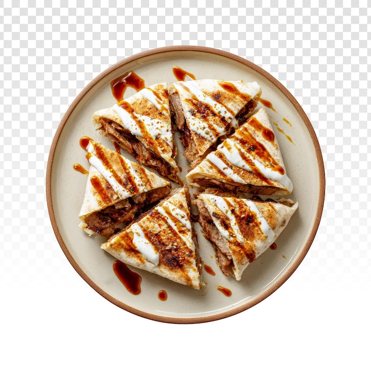 PSD Gratis roti lapis keju panggang iris dengan keju cheddar leleh dan taburan saus pedas di atas piring putih