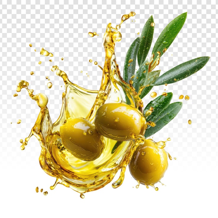 PSD gratuito salpicadura dinámica de aceite de oliva con aceitunas verdes frescas y hojas.