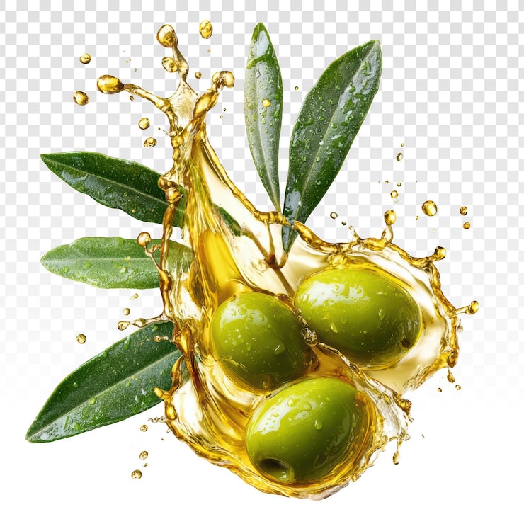 PSD gratuito salpicadura vibrante de aceite de oliva con aceitunas verdes frescas y hojas