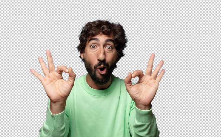 Gratis PSD schokt, verbaasd en verbaasd. goedkeuring tonen. goed teken maken met beide handen.