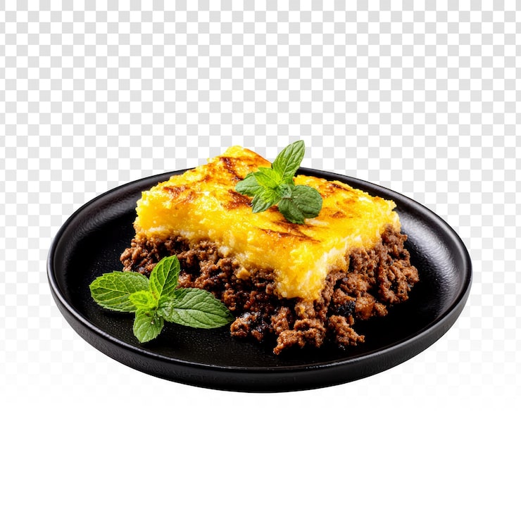 PSD Gratis shepherd's pie klasik dengan hiasan daun mint segar di atas piring hitam.