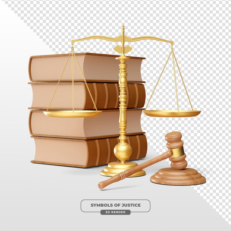 PSD gratuito símbolos de la justicia libros de balanza y martillo en renderización 3d