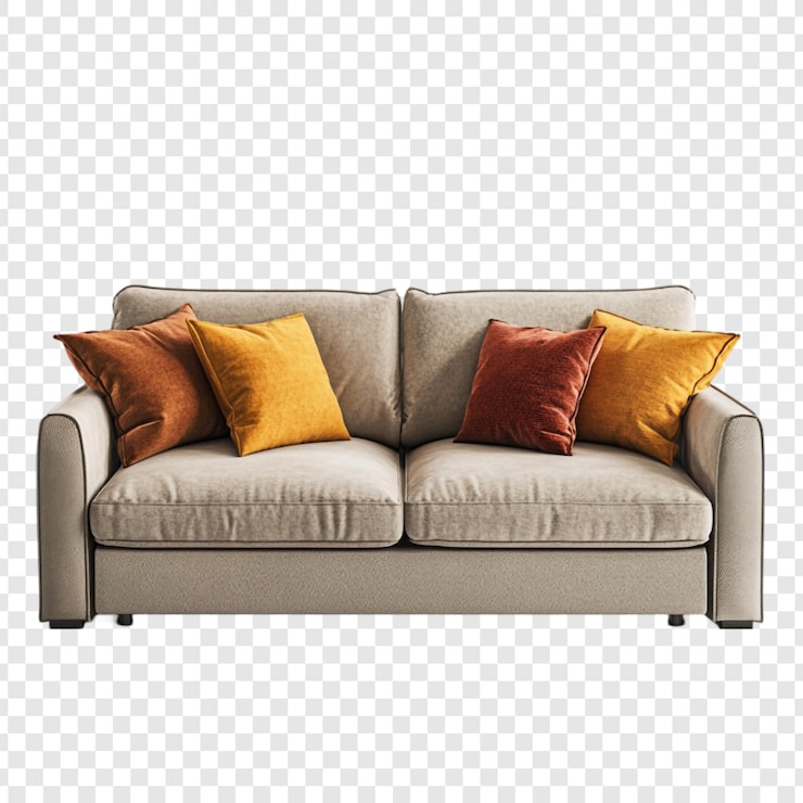 PSD gratuito sofa beige con almohadas naranjas y amarillas