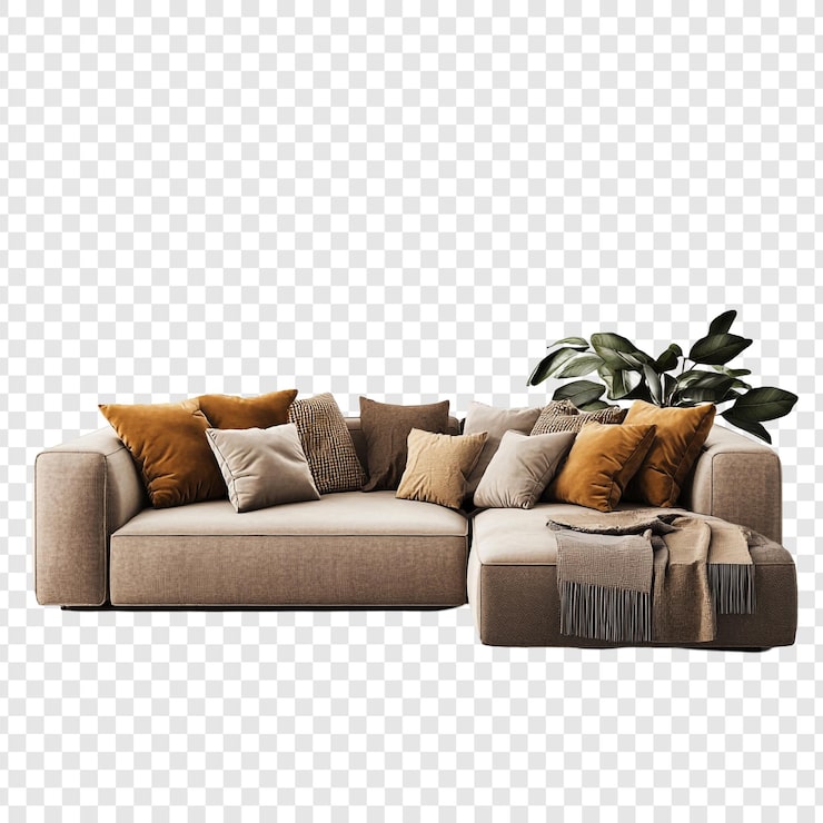 PSD gratuito sofa seccional beige con almohadas amarillas mostaza y una planta
