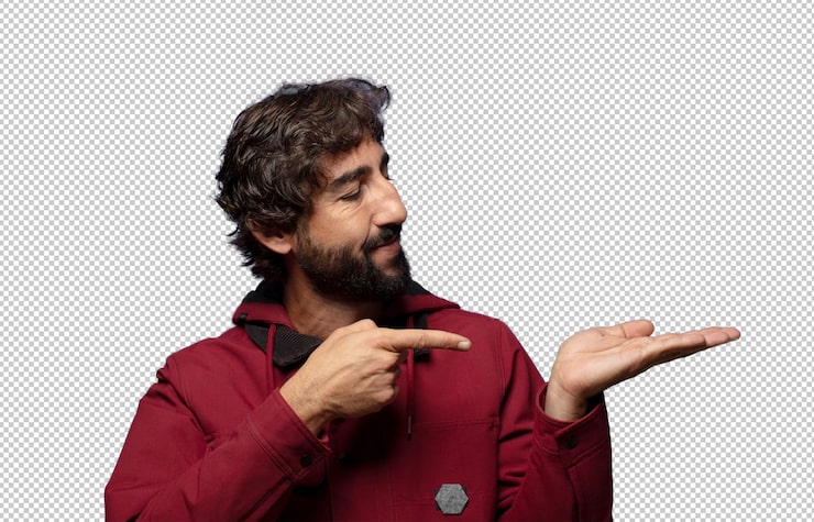 PSD gratuito sonriendo sintiéndose feliz despreocupado y satisfecho señalando el concepto o idea en el espacio de copia en el lado