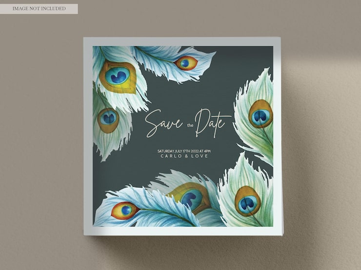 PSD gratuito tarjeta de invitación de boda con hermosas flores y plumas de pavo real