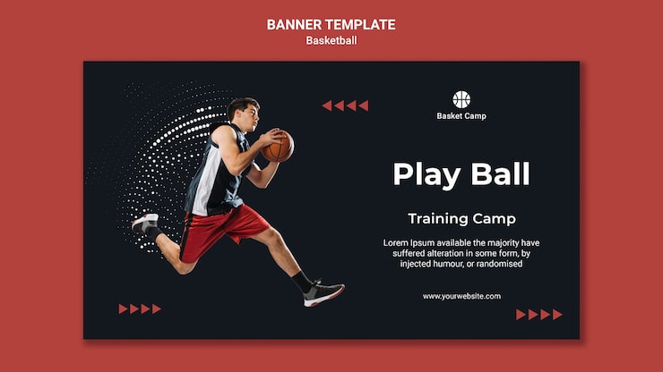 PSD Gratis templat banner horizontal untuk kamp pelatihan basket