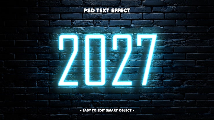PSD Gratis templat objek cerdas psd efek teks cahaya neon biru tahun baru 2027
