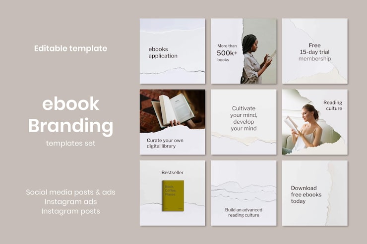 PSD Gratis templat perpustakaan digital minimal psd iklan media sosial kerajinan kertas sobek