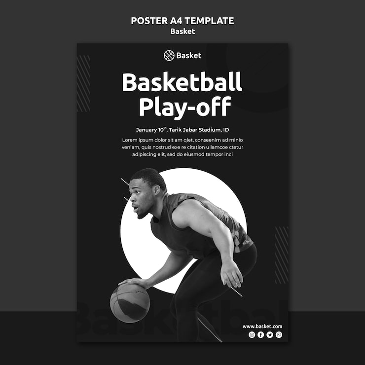 PSD Gratis templat poster vertikal hitam putih dengan atlet basket pria