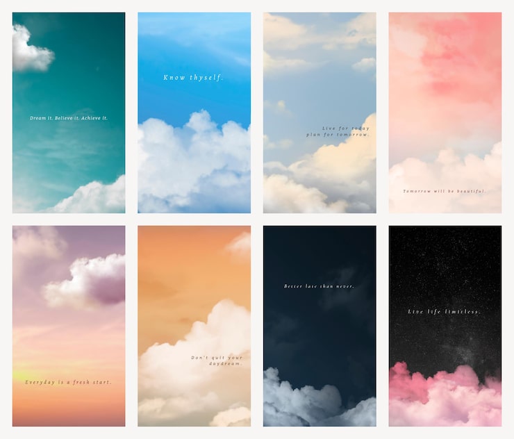 PSD Gratis templat psd wallpaper seluler langit dan awan dengan set kutipan inspiratif