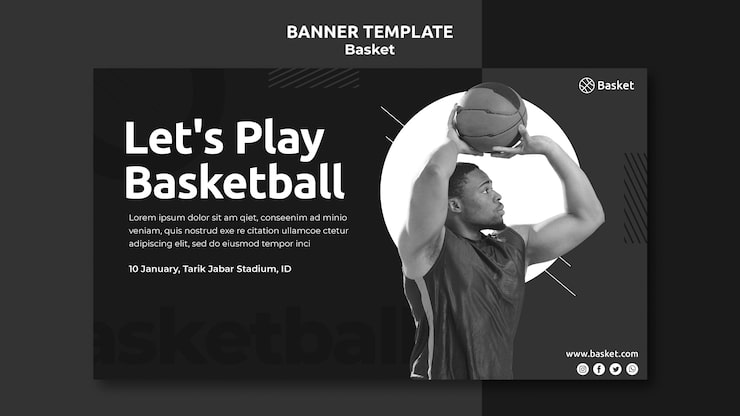 PSD Gratis templat spanduk horizontal dalam hitam dan putih dengan atlet basket pria