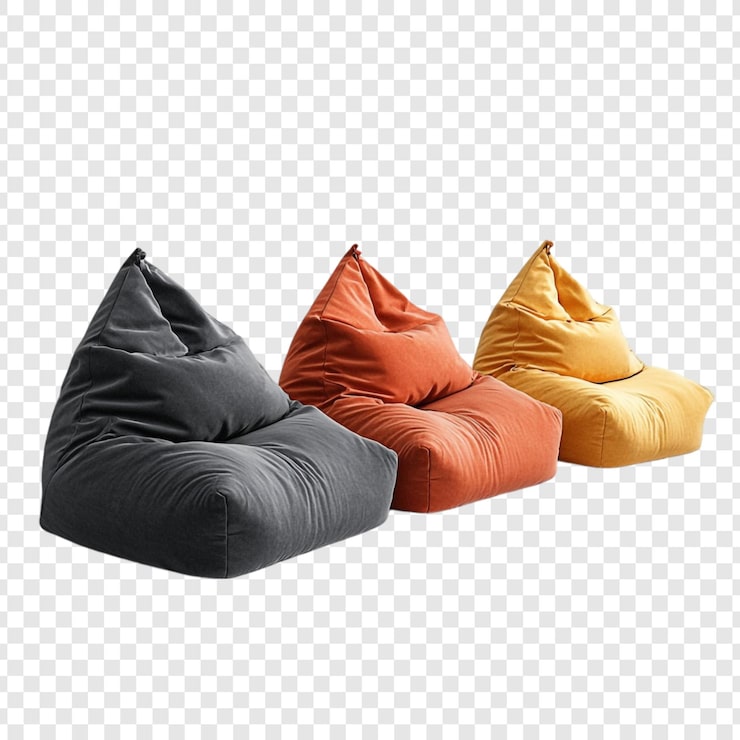 PSD gratuito tres elegantes sillas de bolsa de frijol en gris, naranja y amarillo