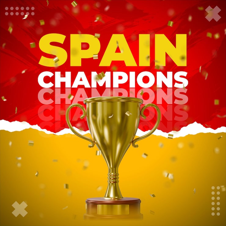 PSD gratuito trofeo dorado con texto 'españa campeones' y confeti. ilustración 3d