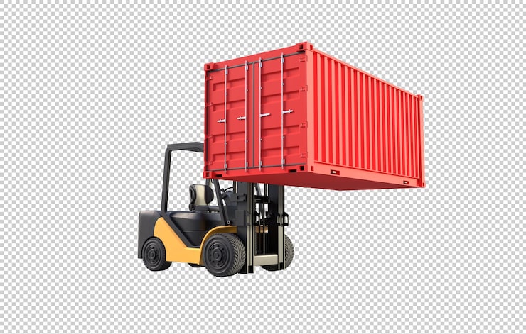 PSD Gratis truk forklift mengangkat kontainer di latar belakang transparan