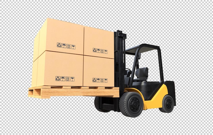 PSD Gratis truk forklift mengangkat palet dengan kotak kardus di latar belakang transparan
