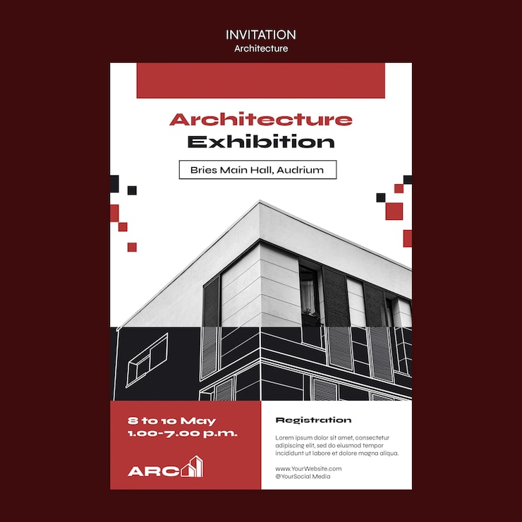 Gratis PSD uitnodigingssjabloon voor plat ontwerp architectuurproject