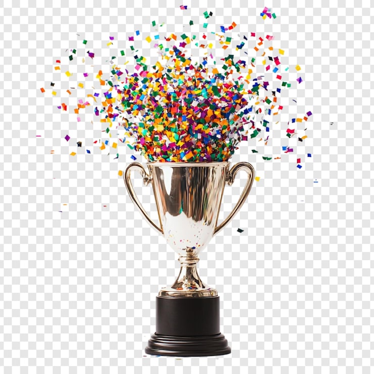 PSD gratuito una victoria triunfante un trofeo de celebración cubierto de confeti