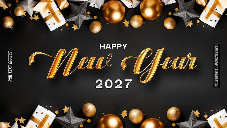 PSD gratuit bonne année 2027 effet de texte script doré de luxe modèle d'objet intelligent psd