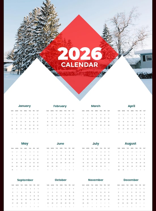 PSD gratuit calendrier moderne 2026 avec fond hivernal saisonnier