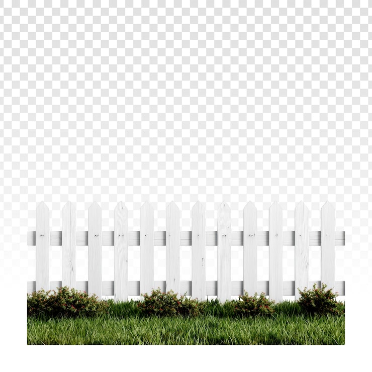 PSD gratuit clôture blanche à piquets avec herbe verte et buissons