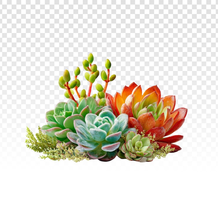 PSD gratuit composition de plantes grasses éclatantes avec fond transparent