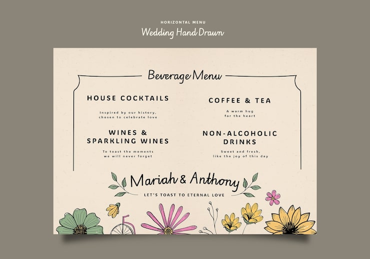 PSD gratuit conception de modèle de menu de boissons de mariage