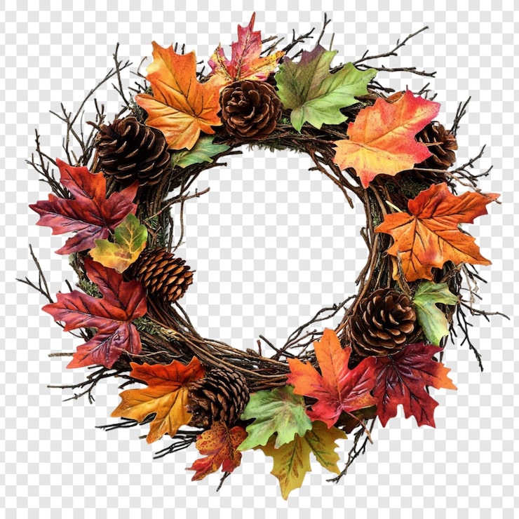 PSD gratuit une couronne d'automne avec des feuilles d'érable et des cônes de pin