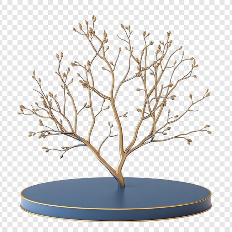 PSD gratuit elegant arbre doré sur un piédestal circulaire bleu