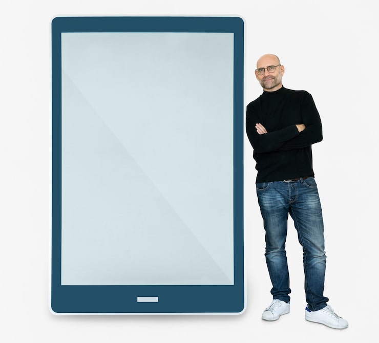 PSD gratuit heureux homme debout à côté d'une tablette