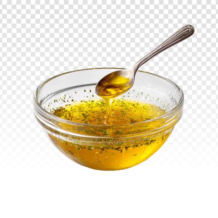 PSD gratuit huile d'olive dorée avec des herbes vertes dans un bol transparent et une cuillère.