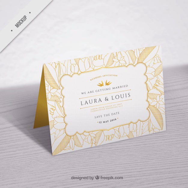PSD gratuit invitation de mariage mockup avec des feuilles d'or tiré par la main