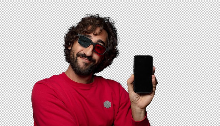 PSD gratuit un jeune homme adulte barbu avec des lunettes virtuelles et un téléphone