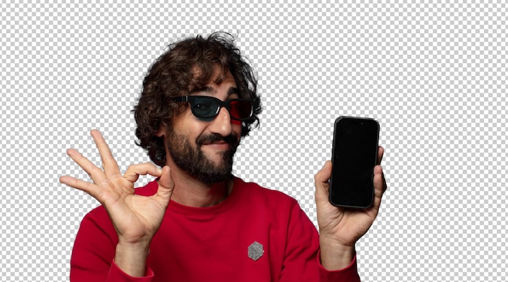 PSD gratuit un jeune homme adulte barbu avec des lunettes virtuelles et un téléphone