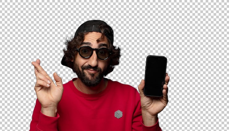 PSD gratuit un jeune homme adulte barbu avec un téléphone intelligent