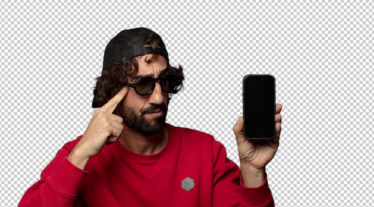 PSD gratuit un jeune homme adulte barbu avec un téléphone intelligent