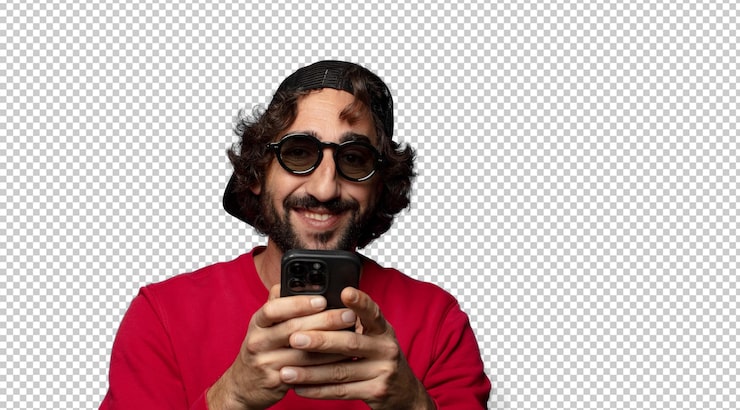 PSD gratuit un jeune homme adulte barbu avec un téléphone intelligent