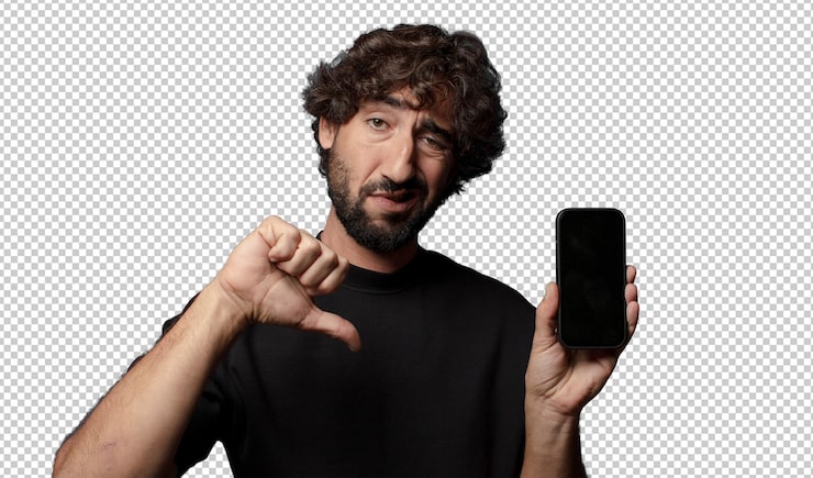 PSD gratuit un jeune homme fou barbu avec un smartphone.