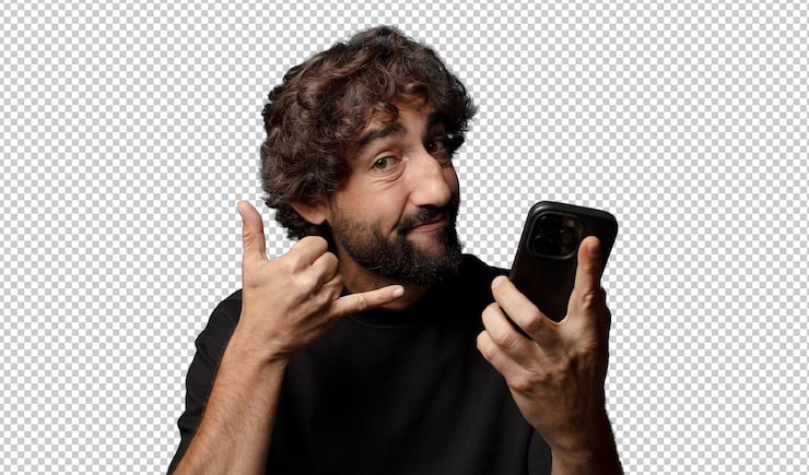 PSD gratuit un jeune homme fou barbu avec un smartphone.