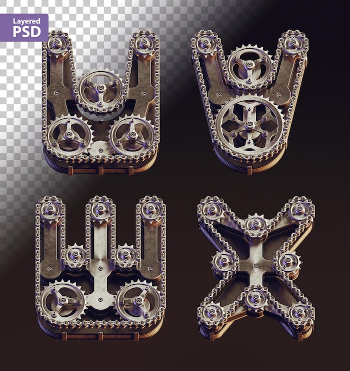PSD gratuit lettres de style steampunk 3d faites d'engrenages de vélo et de chaîne
